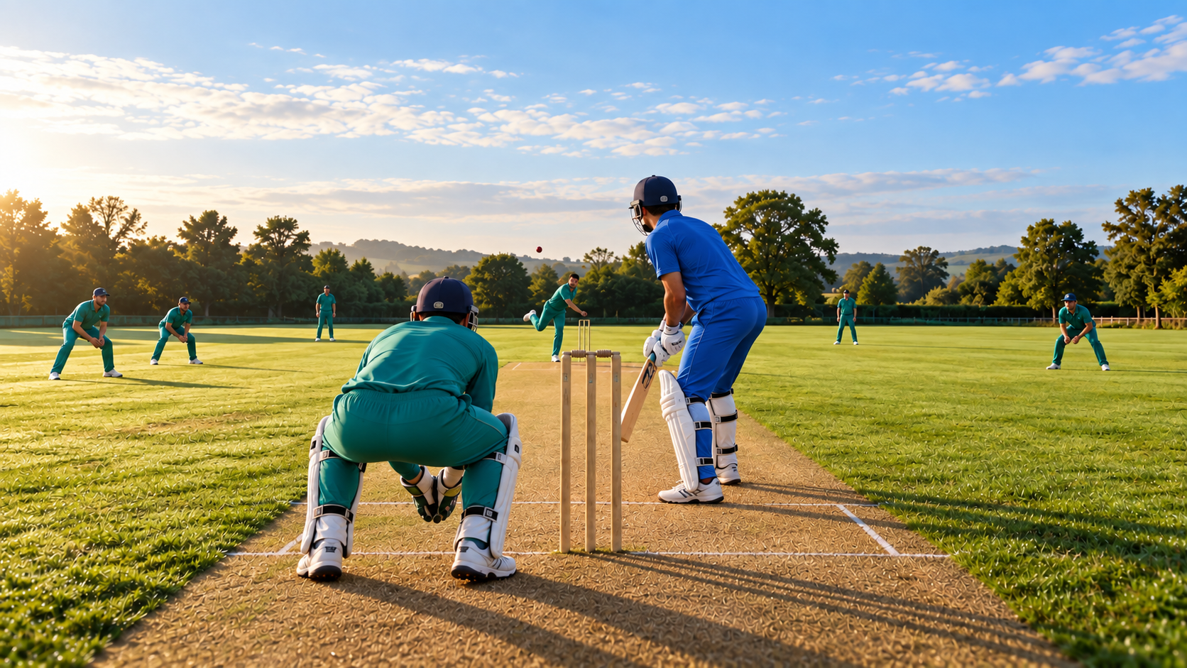 Illustrative cricket match with players in blue and teal jerseys on a green ground