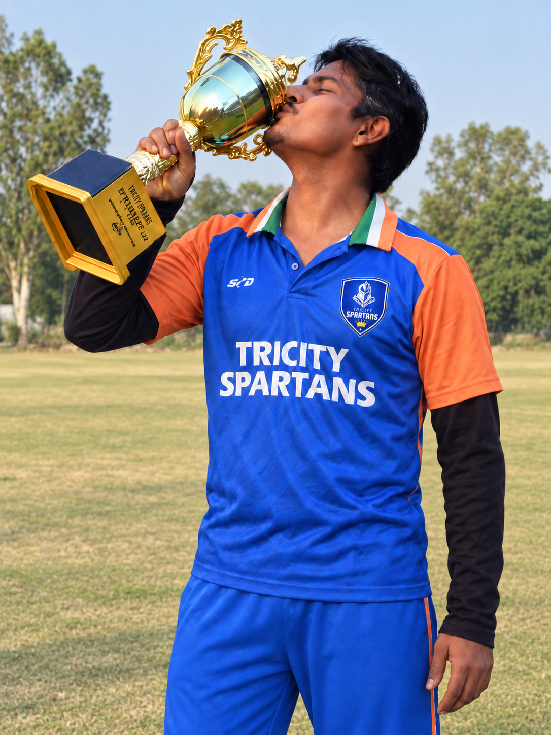Edited portrait of Raja Servai kissing a trophy, wearing a blue-and-orange Tricity Spartans kit against a cricket-ground background