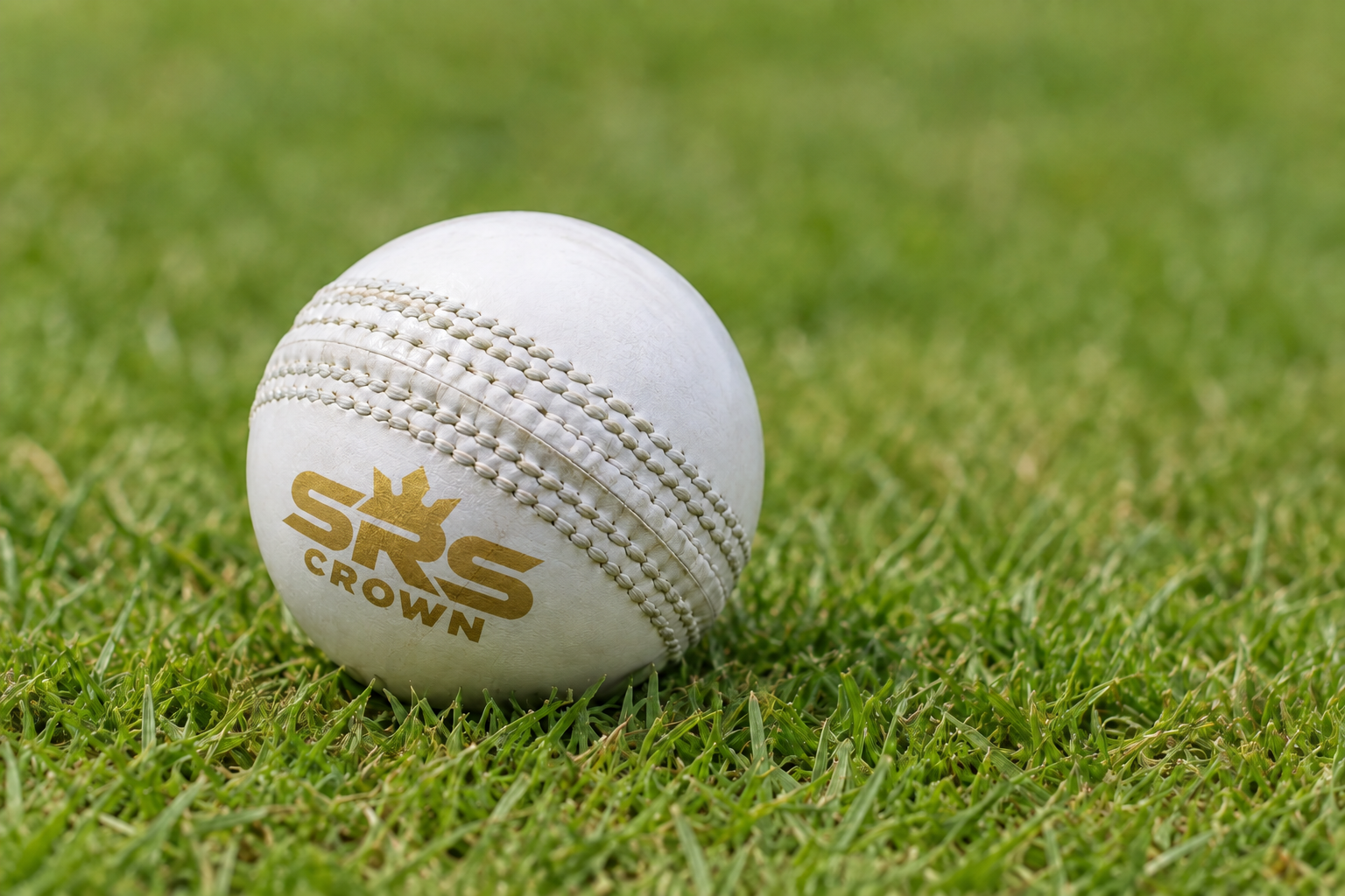 Illustrative white leather cricket ball with a gold SRS CROWN logo on grass, not a photograph of actual stock